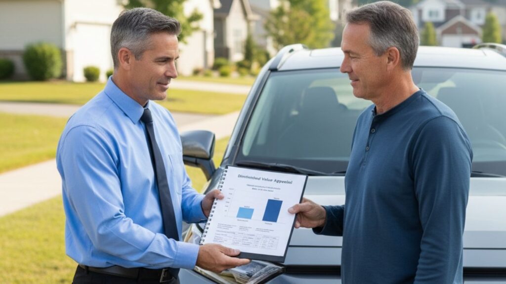 Toyota RAV4 Diminished Value Appraisal Report Independent auto appraiser presenting a Toyota RAV4 diminished value appraisal report to the vehicle owner.
