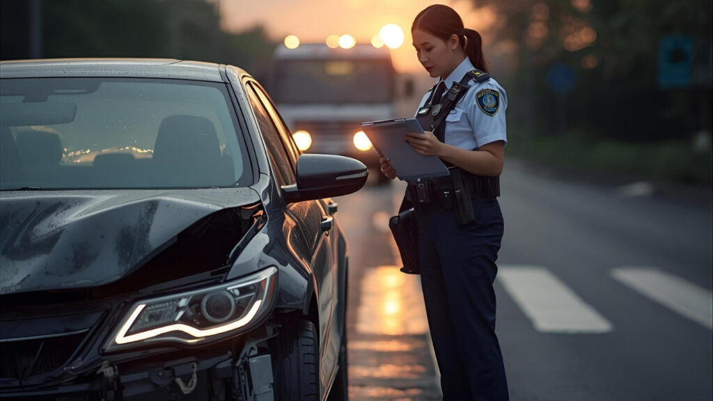 Police officer writing a report beside a sedan with front-end damage at sunset—diminished value evidence; claim facts documented; tow truck hints possible total loss.
