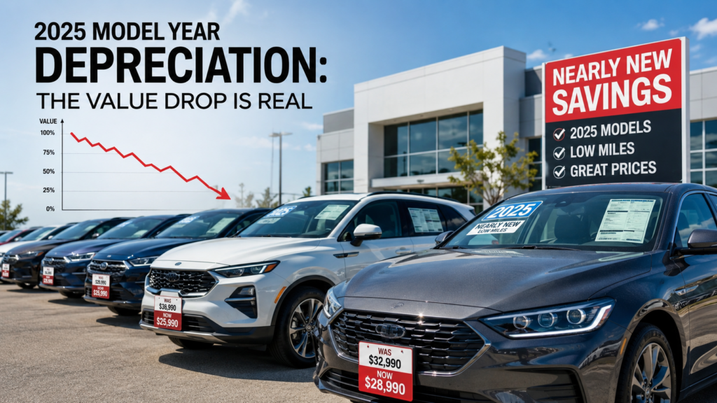 Dealership lot with 2025 model year nearly-new vehicles showing reduced price tags and a depreciation chart overlaid on the image
