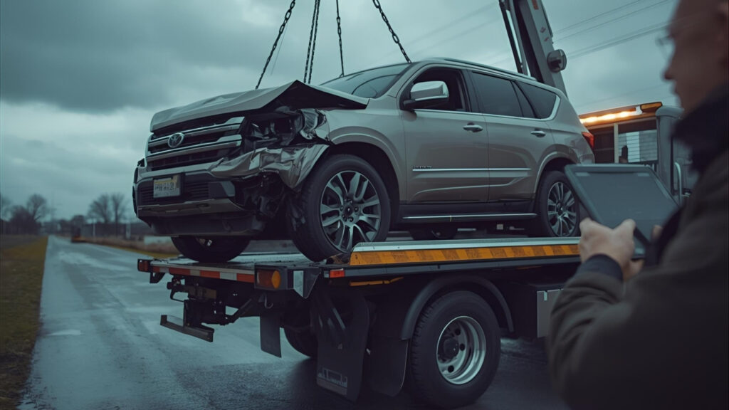 Front-damaged SUV being loaded onto a flatbed while an adjuster records measurements—diminished value severity shown; claim documentation underway; condition may indicate total loss.