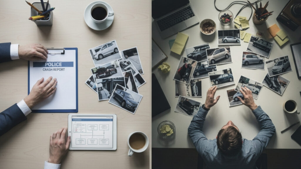 Split scene of claims work: organized desk with police crash report and photos vs messy photo pile—strong documentation supports diminished value; smoother claim logistics; weak files risk lower total loss payout.