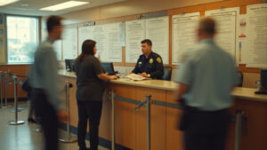 Driver filing paperwork at a police/DMV counter—official record to support diminished value; claim logistics and deadlines verified; documentation aids total loss decisions.