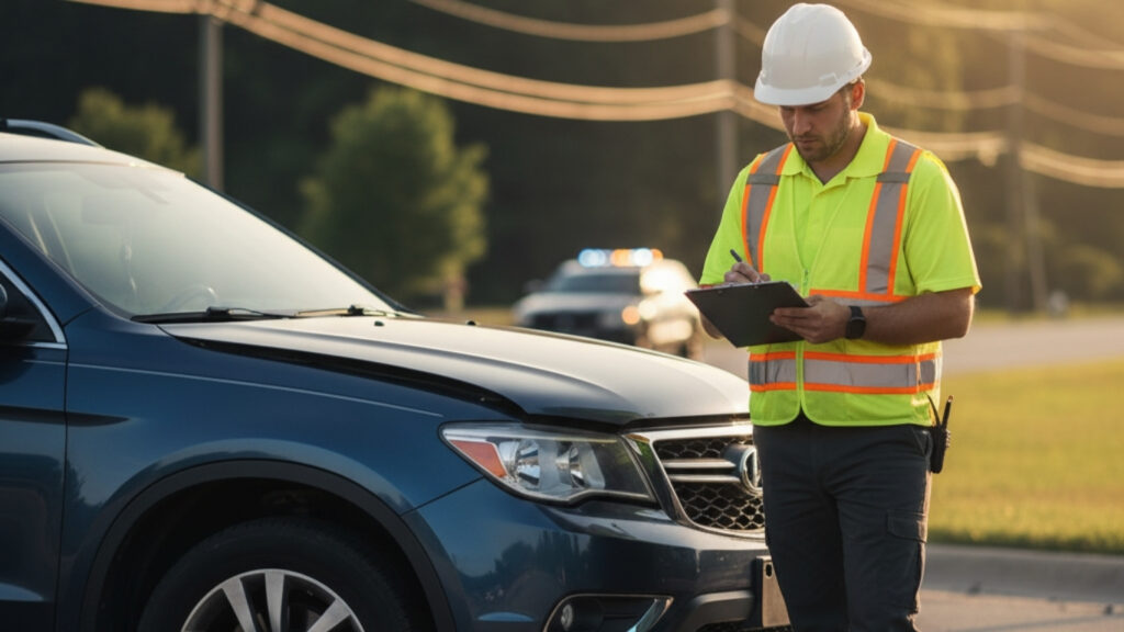 Insurance claim appraiser writing a report on a damaged vehicle after an accident