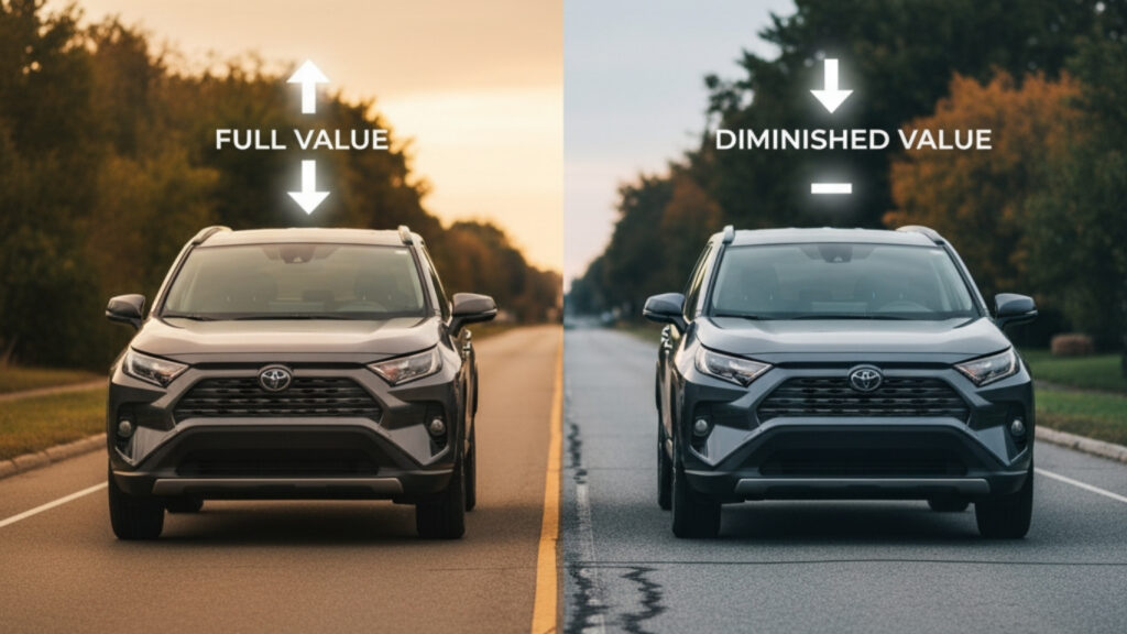 Car comparison showing full value versus diminished value after an accident