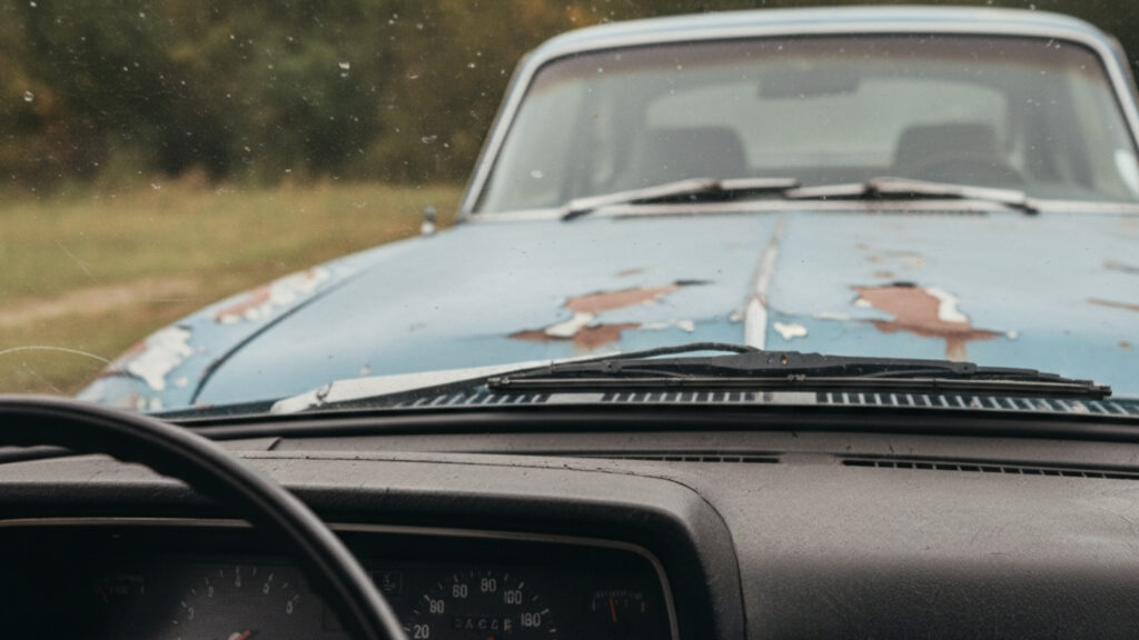 Driver’s view of a car with visible hood damage and rust