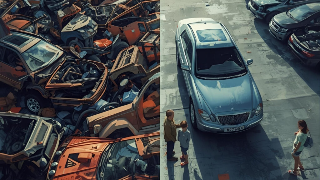 Wrecked cars in a salvage yard contrasted with a family viewing a replacement car