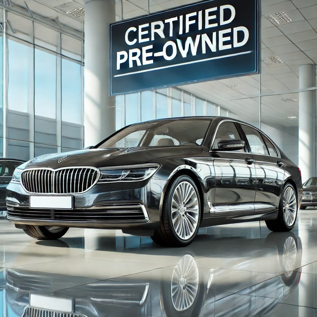 Certified Pre-Owned car displayed in a modern dealership showroom with a clear, bold 'Certified Pre-Owned' badge. The car is sleek and polished, reflecting high quality and reliability. The background features clean glass windows and a bright, professional environment, emphasizing trust and assurance.