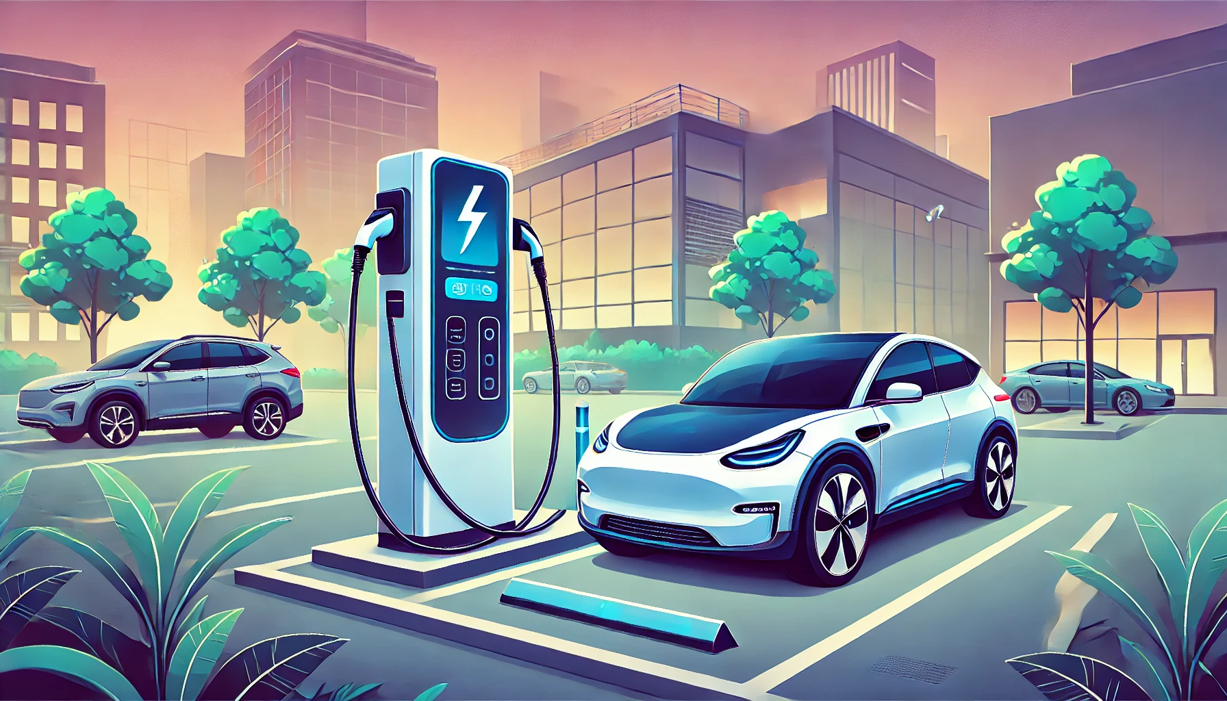 Illustration of an electric vehicle charging at a modern charging station in a city setting, highlighting the convenience and accessibility of electric car chargers in urban areas.