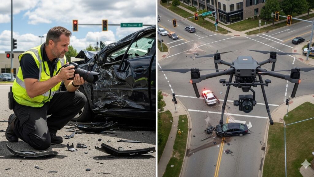 Accident inspector taking photos while a drone records the crash scene from above, providing evidence for diminished value claims, claim logistics, and potential total loss disputes.