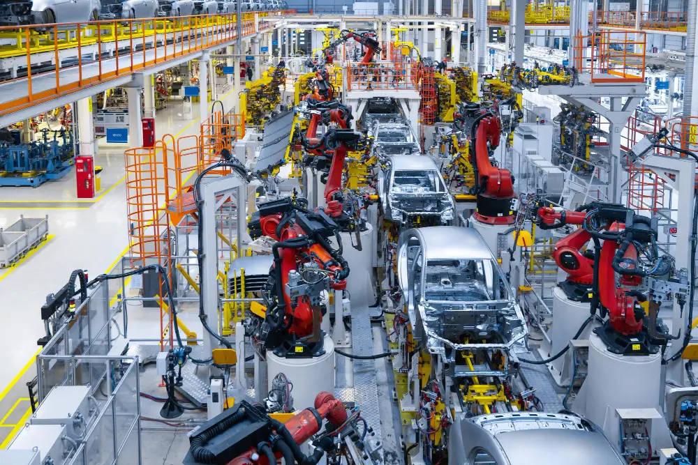 A high-resolution image showcasing a modern car manufacturing facility with robotic arms actively assembling vehicles, highlighting automation and precision engineering in automotive production lines.