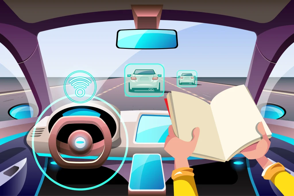 Person reading a book inside a self-driving car with autonomous driving features, highlighting the convenience of hands-free technology.