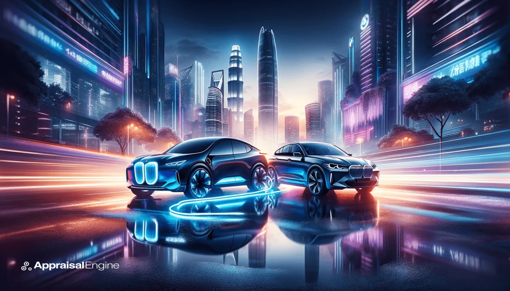 Futuristic cityscape at dusk featuring silhouettes of a BMW electric vehicle and a gas-powered car side by side, symbolizing the blend of traditional and electric mobility on a reflective city street.