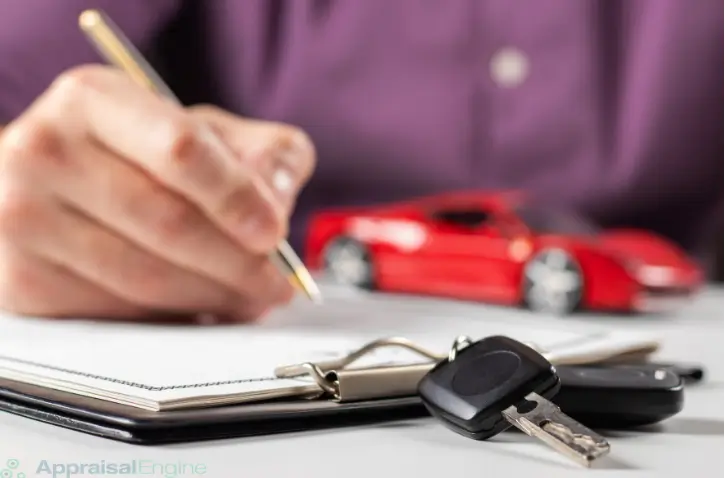 Person signing car insurance documents with car keys and a toy car on a desk, symbolizing car insurance policies and paperwork.