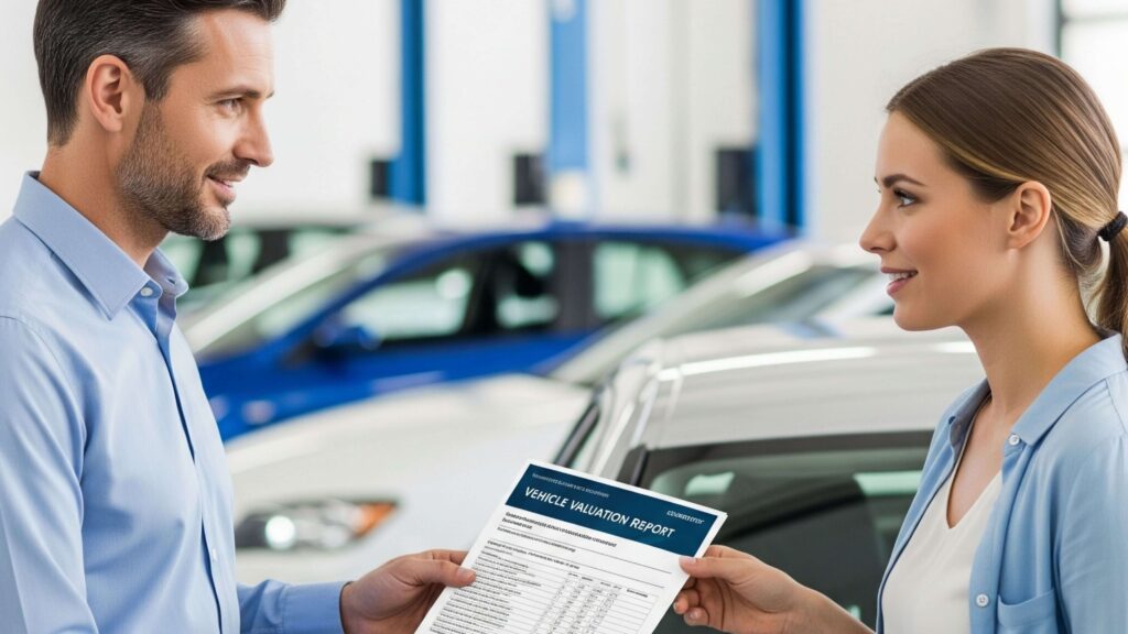 Certified auto appraiser handing a vehicle valuation report to a car owner, supporting diminished value assessments and fair claim settlement decisions.