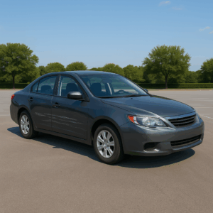 A scratched, gray vehicle parked.