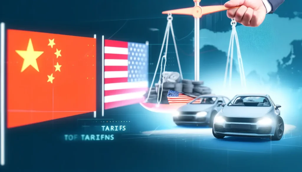 Banner showing a scale tipping towards China with US and EU flags, depicting the impact of China's potential tariff hikes on imported cars from the US and EU amidst rising trade tensions.