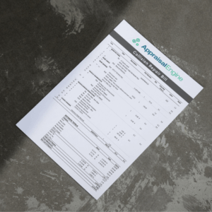 A printed AppraisalEngine repair estimate document lying on a gray concrete surface, showing itemized charges for auto repairs.