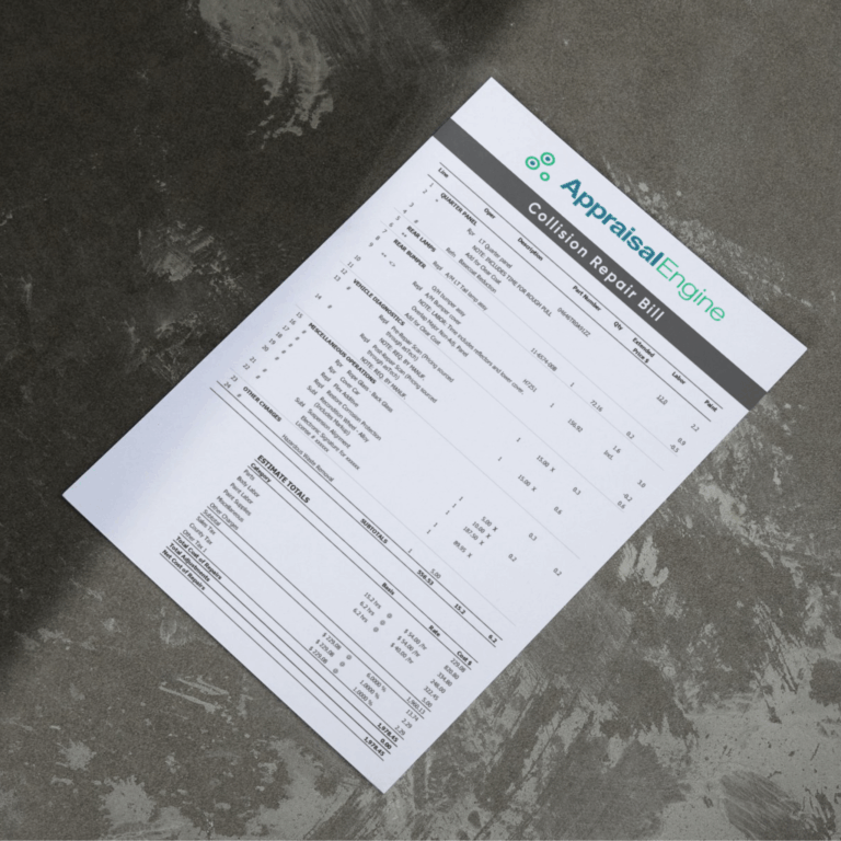 A printed AppraisalEngine repair estimate document lying on a gray concrete surface, showing itemized charges for auto repairs.