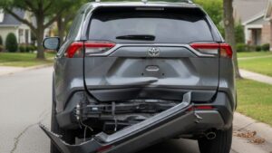 Rear view of a 2024 Toyota RAV4 with liftgate and bumper damage after a rear-end collision.