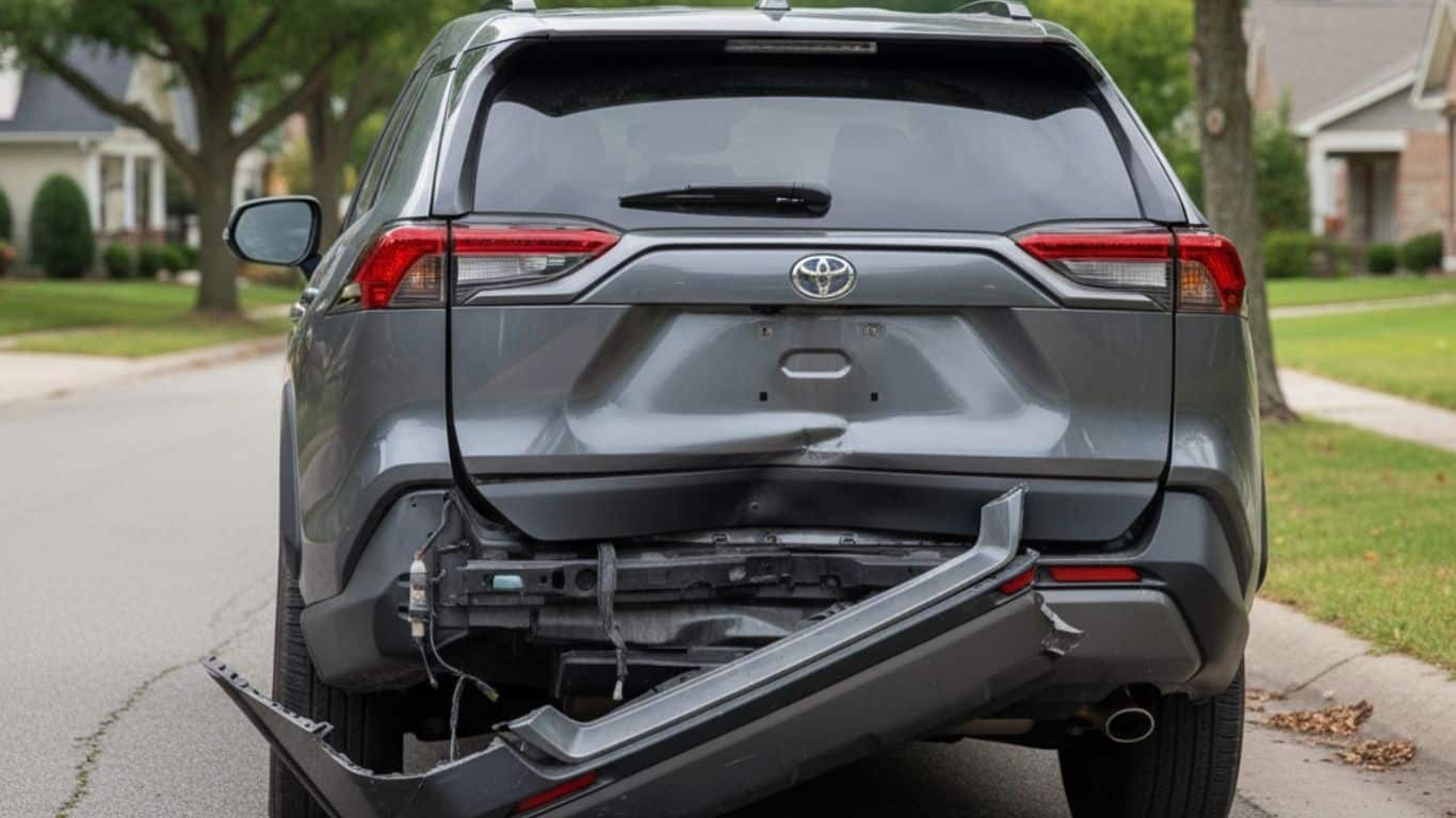 Rear view of a 2024 Toyota RAV4 with liftgate and bumper damage after a rear-end collision.