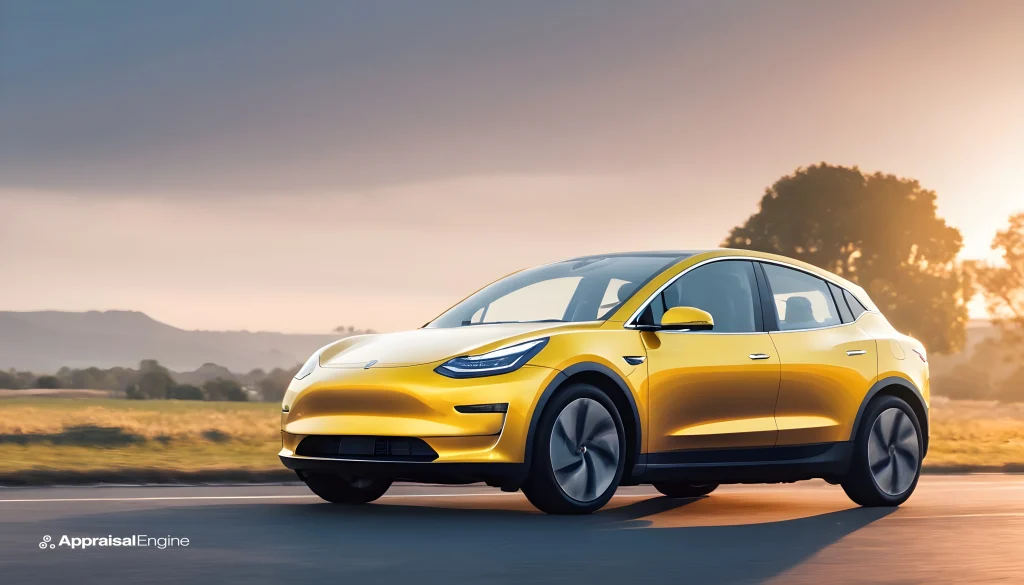 A modern yellow electric car glides along the road at sunset, embodying the merge of eco-friendliness and cutting-edge design, symbolizing the new accessible era for electric transportation.