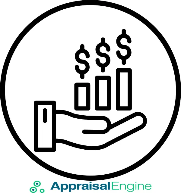 Appraisal Engine logo with hand holding dollar symbols, representing fair market value and vehicle appraisal services.