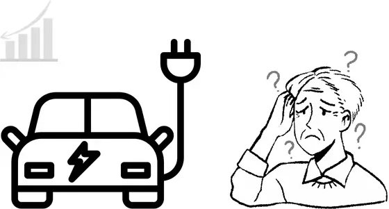 Confused man next to an electric vehicle icon, questioning the depreciation of electric cars