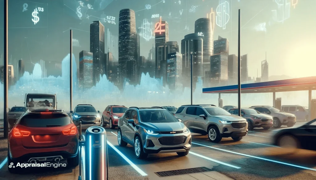 2023 U.S. auto industry scene showing a mix of electric cars, small SUVs, and traditional dealership lots against a backdrop symbolizing economic elements such as interest rates, illustrating the industry's growth and adaptation.
