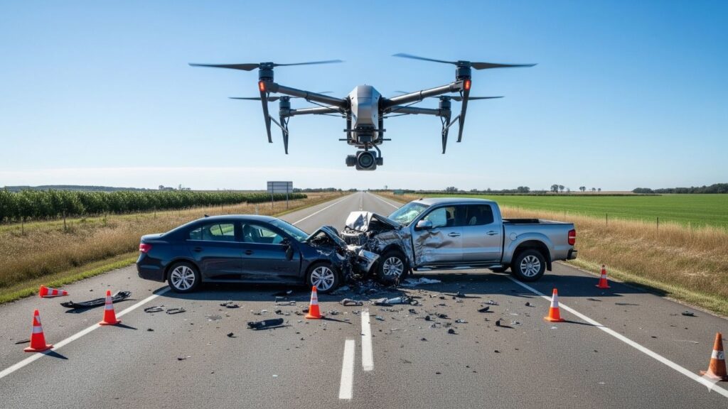 Drone flying over a collision between a sedan and pickup truck, gathering accident evidence for diminished value assessments, claim settlement accuracy, and total loss evaluation.