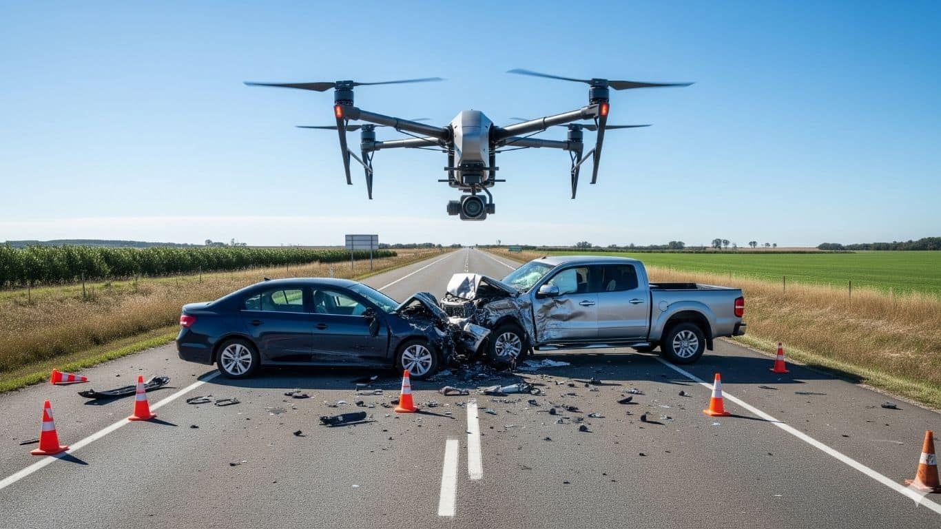 Drone flying over a collision between a sedan and pickup truck, gathering accident evidence for diminished value assessments, claim settlement accuracy, and total loss evaluation.