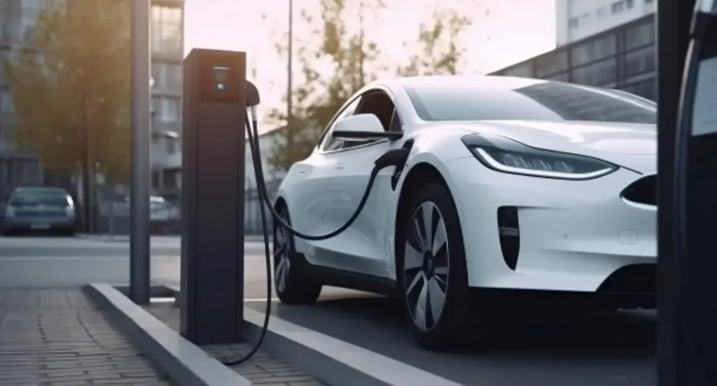 A sleek white electric vehicle charging at a modern EV station in an urban environment.