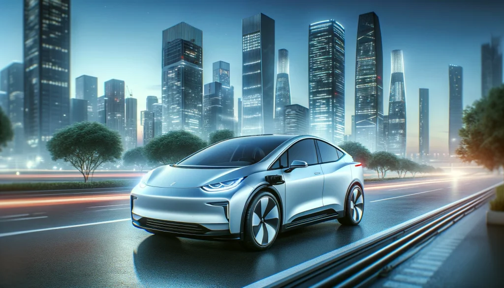 Banner image showcasing a modern electric car driving through a futuristic city, symbolizing Volvo's adaptation and progress in the 2024 electric vehicle market.