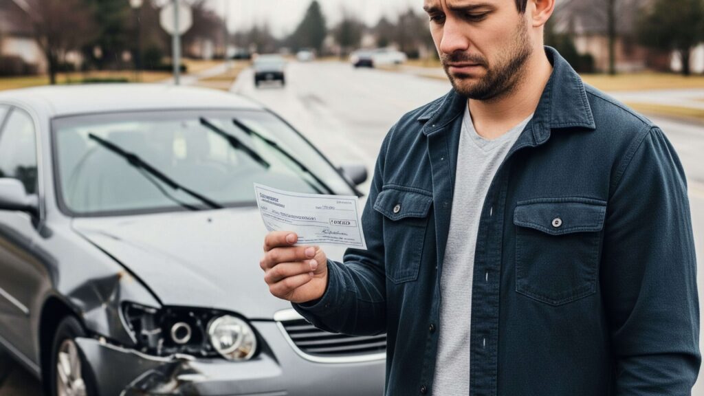 Frustrated driver holding a small insurance settlement check in front of a damaged car, showing the risk of early acceptance and diminished value undervaluation.