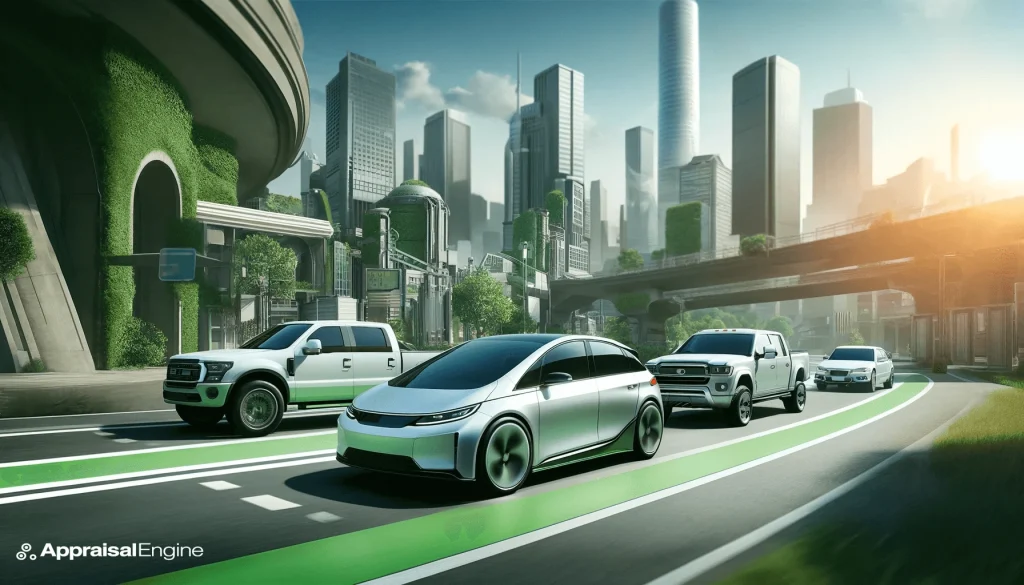 A dynamic banner image depicting a variety of hybrid cars, including a sedan, SUV, and pickup truck, driving through a modern urban environment with green infrastructure, illustrating the blend of technology and sustainability in hybrid automotive design.