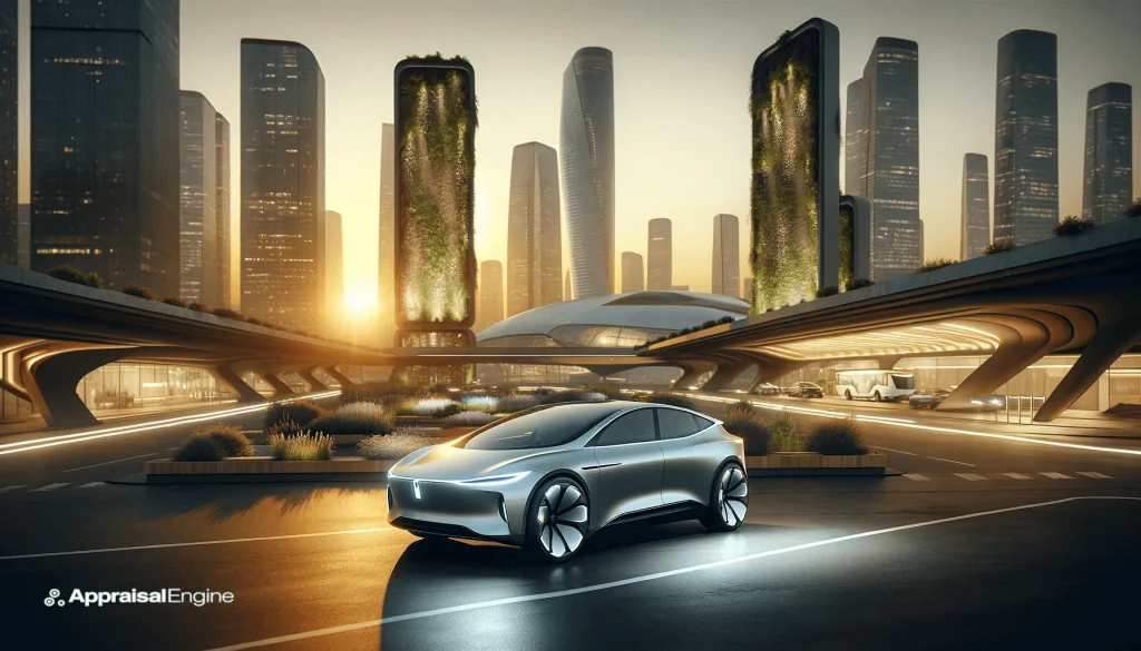 A sleek electric sedan by Xiaomi, symbolizing the future of eco-friendly luxury transportation, parked against a backdrop of a futuristic city at sunset.