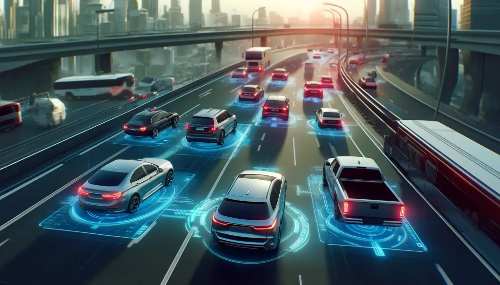 Illustration of a futuristic highway with diverse vehicles including sedans, SUVs, and trucks using advanced automatic braking systems. The scene shows a busy yet orderly highway with cars showcasing visible sensors and radar, under a clear sky with a modern city skyline in the background.