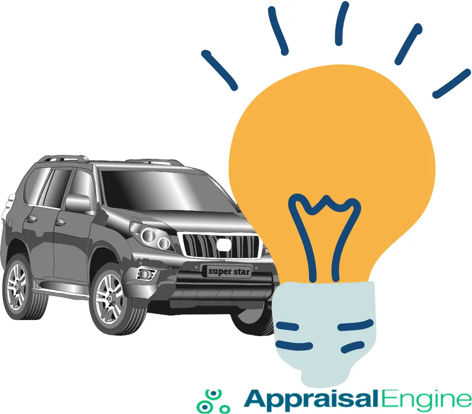 Illustration of an SUV with a lightbulb icon, symbolizing smart insights into diminished value and vehicle appraisals by Appraisal Engine.