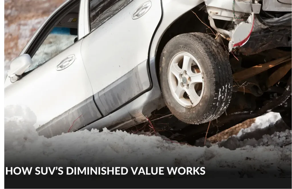 Damaged SUV after an accident, illustrating the impact of diminished value on vehicle resale and insurance claims.