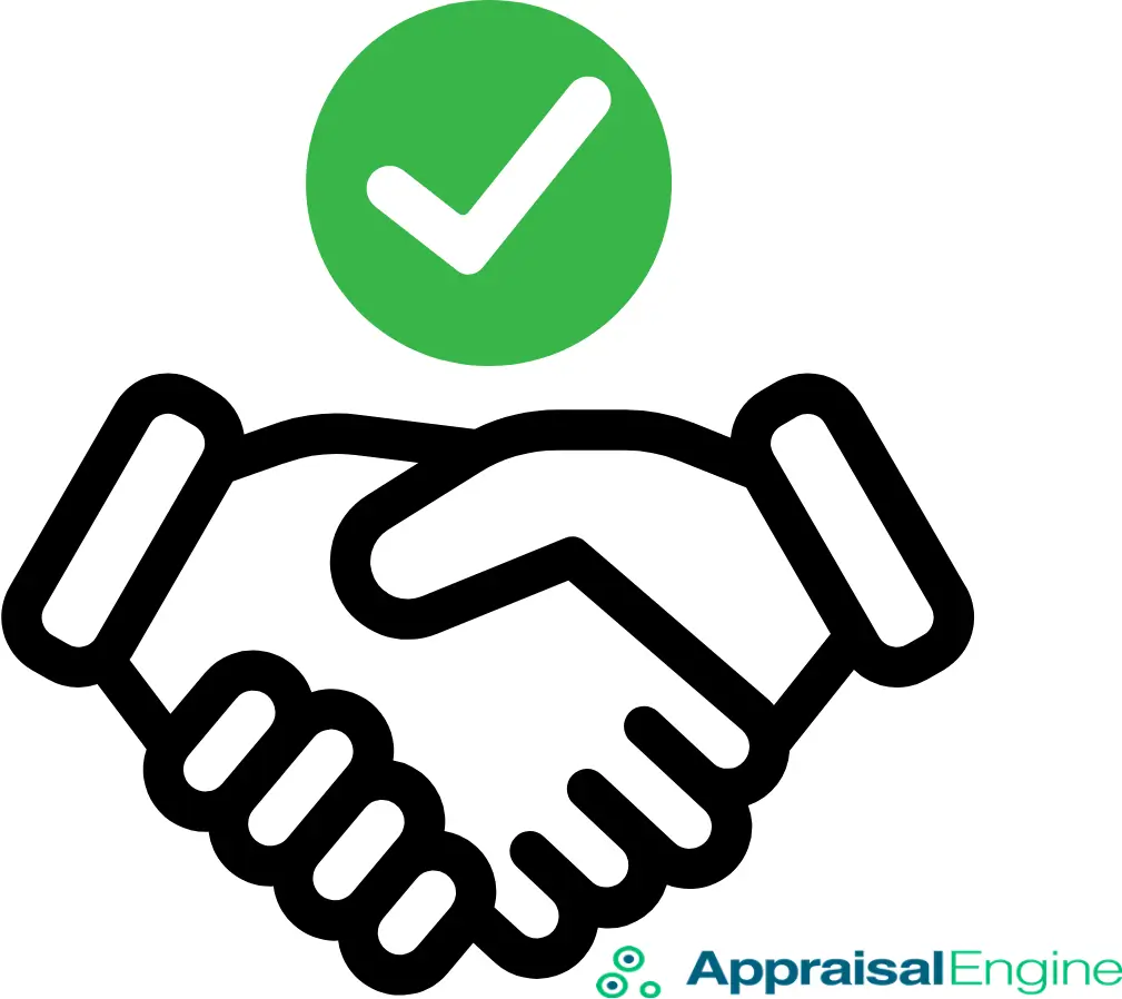 Illustration of a handshake with a green checkmark, representing successful agreement and trust in appraisal services.