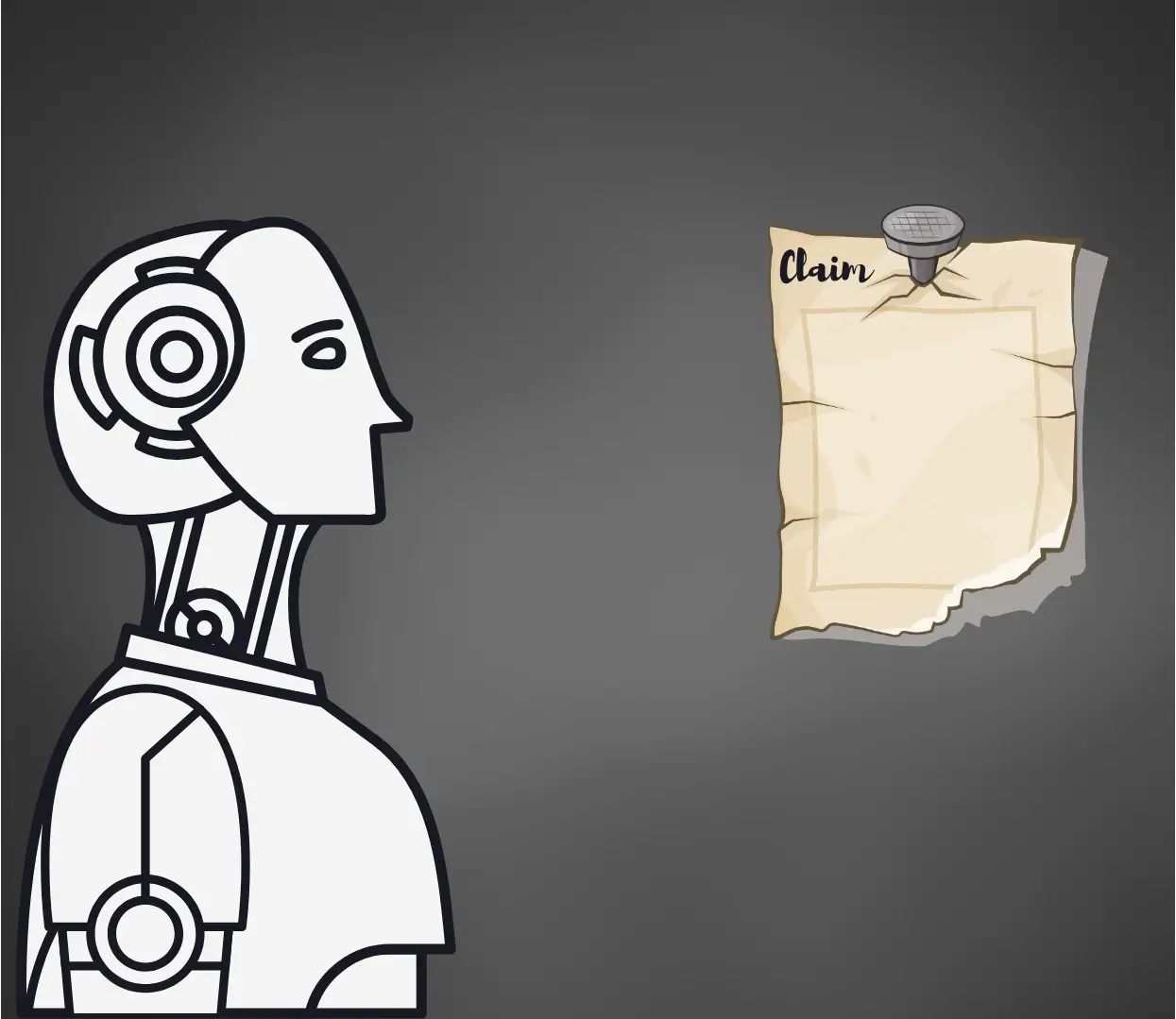 Illustration of a robotic figure looking at a pinned claim document, symbolizing the integration of AI in insurance claim processes.