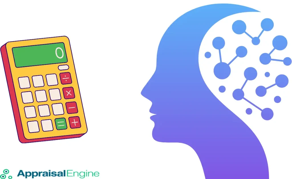 Graphic representation of a calculator and a human head with neural connections, highlighting the use of AI in vehicle valuation and appraisal.