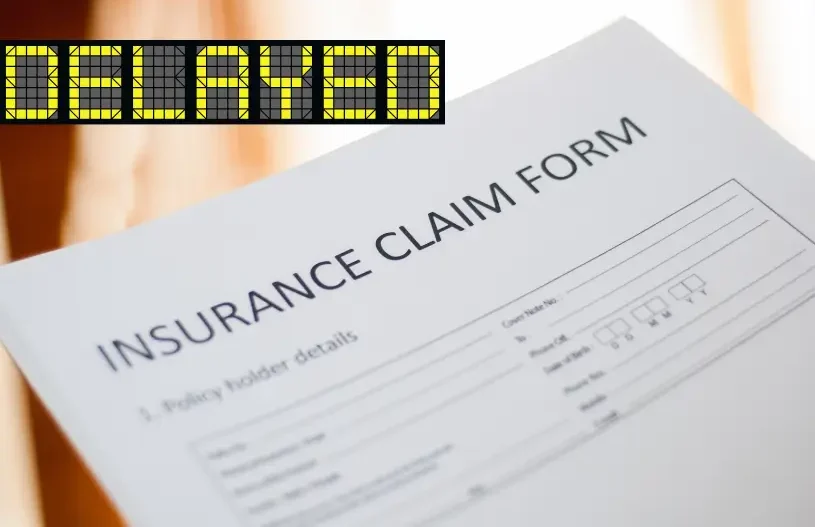 A delayed insurance claim form with the word 'DELAYED' displayed in bold yellow letters, representing setbacks in the insurance claim settlement process.