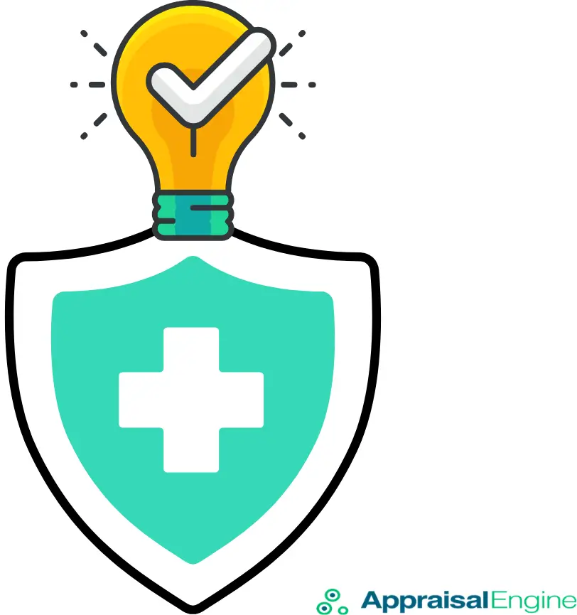 An illustration of a shield with a medical cross symbol, topped by a glowing lightbulb with a checkmark, representing innovative and secure insurance solutions.