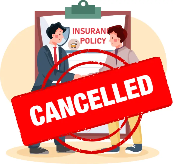 An illustration showing two people shaking hands with an insurance policy document in the background. A bold red 'CANCELLED' stamp overlays the image, indicating a canceled insurance policy.