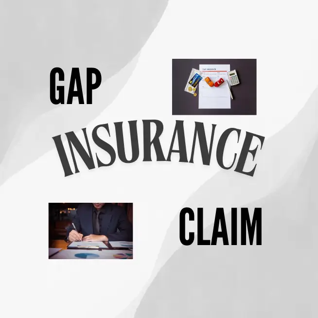 A creative design highlighting the process of GAP insurance claims, featuring text elements for 'GAP,' 'Insurance,' and 'Claim' with images of documents, calculations, and signatures to represent the financial and procedural aspects.