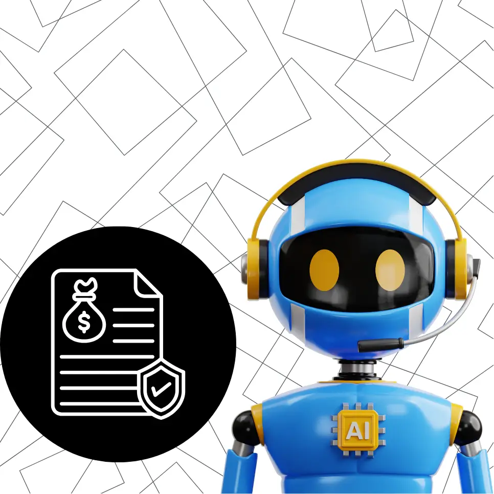 A cartoon-style robot with blue and yellow accents wearing headphones, standing beside an icon of a financial document featuring a dollar sign and a shield on a black circle. The background has geometric line patterns.