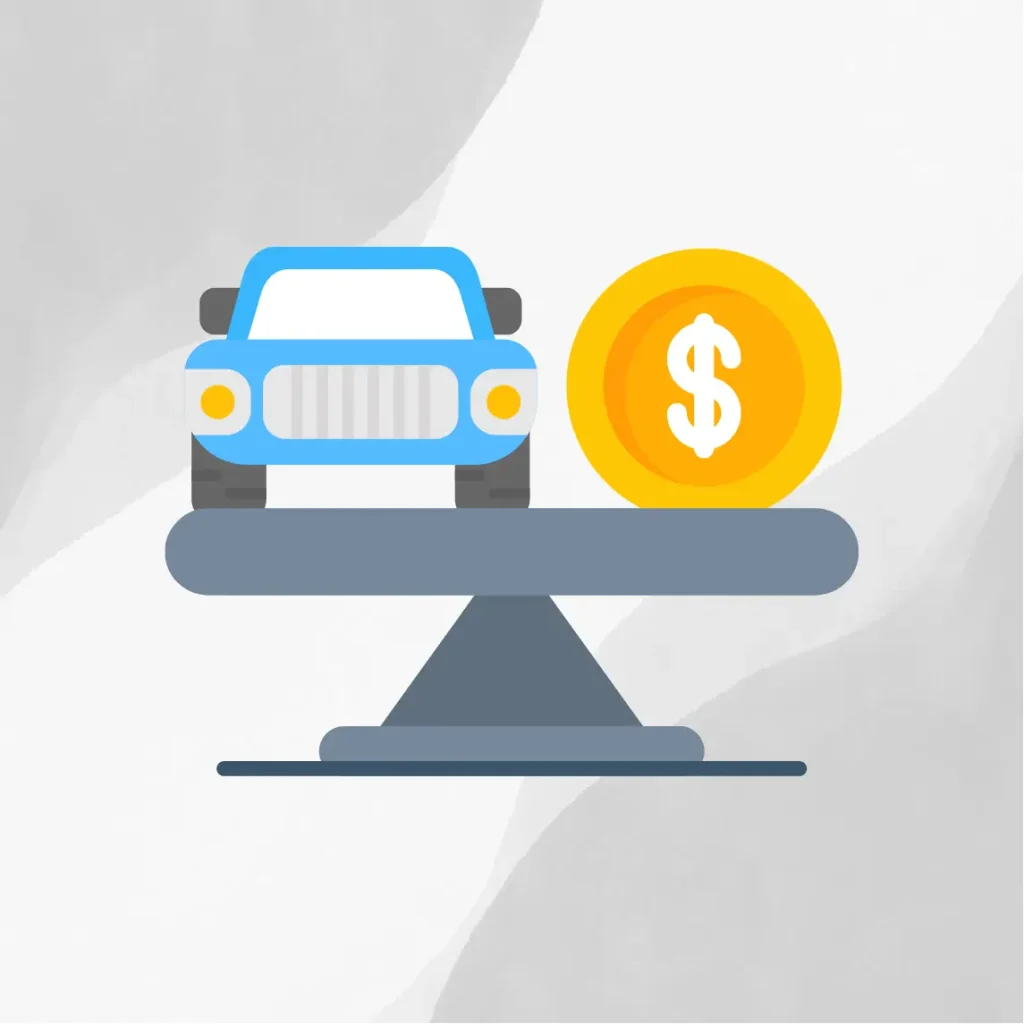 An illustration of a car balanced on a scale against a gold coin, symbolizing the evaluation of fair market value for a vehicle. The background is minimalist and abstract.