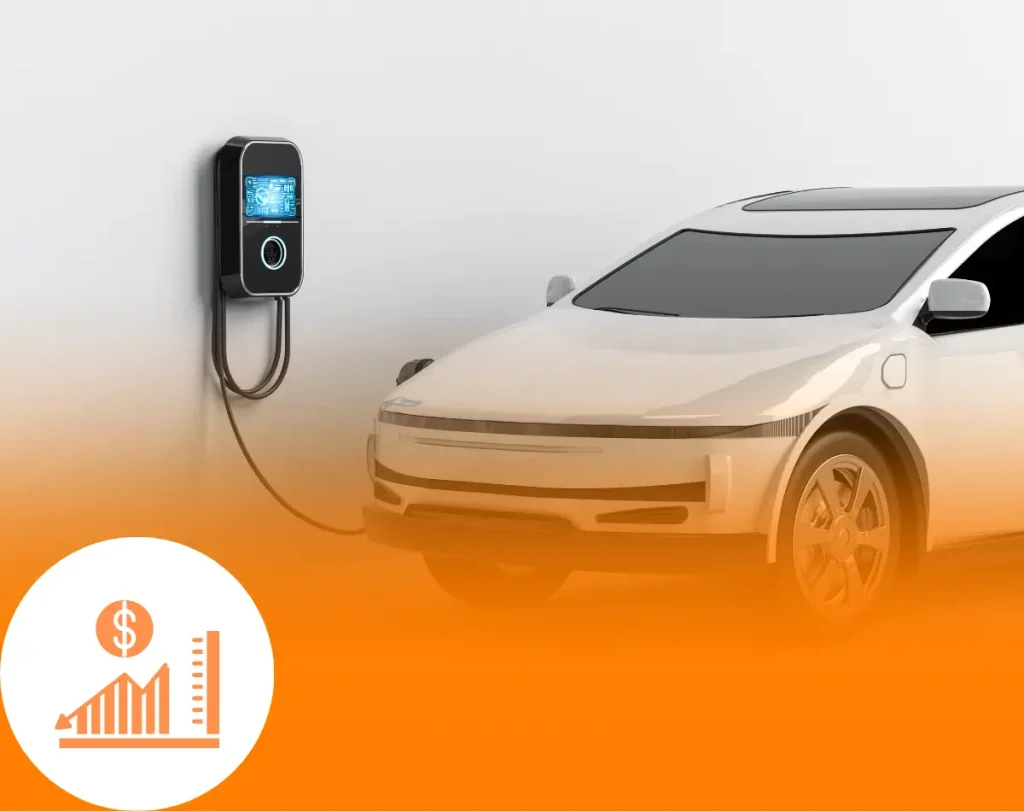 Electric vehicle charging with an orange overlay and financial growth chart icon, highlighting BYD depreciation trends and EV market valuation.