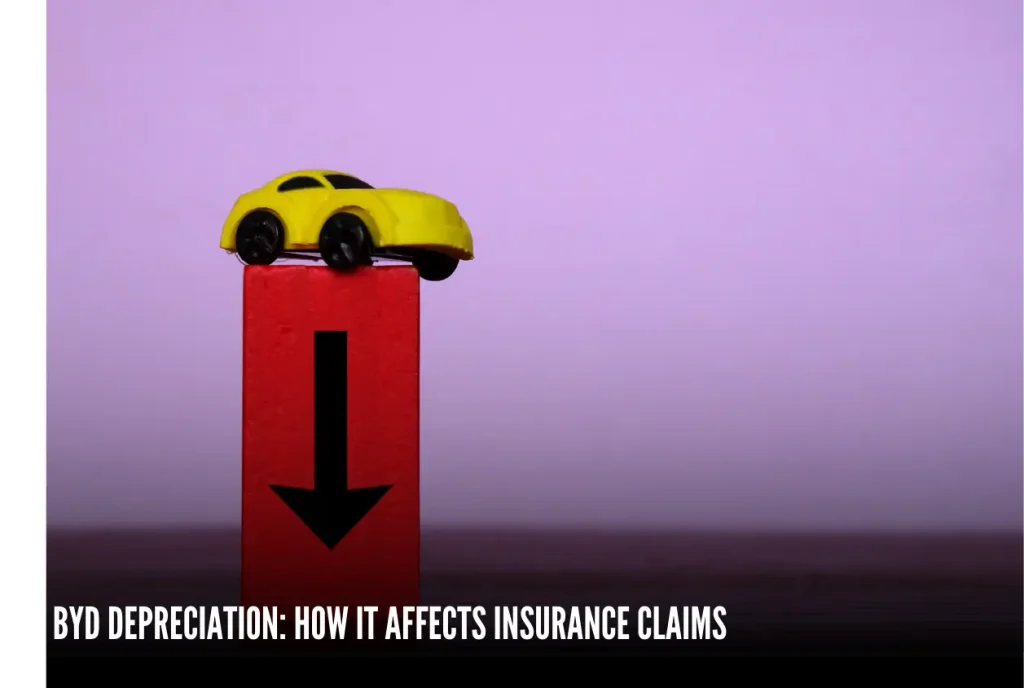 Yellow toy car on a block with a downward arrow, symbolizing BYD vehicle depreciation and its impact on insurance claims.