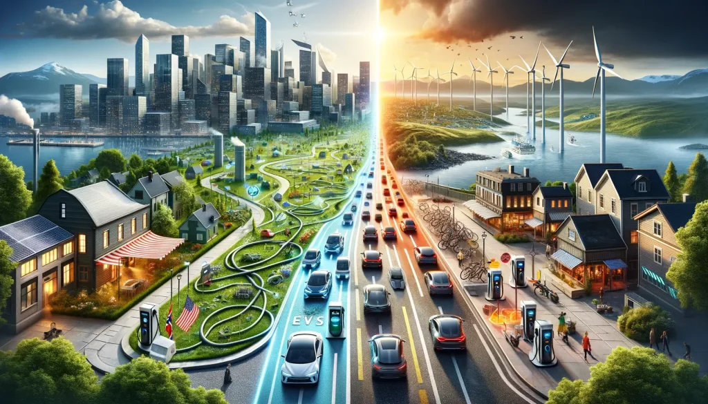 Futuristic cityscape where urban life and sustainable technology merge, featuring electric vehicles on a bustling highway, solar-paneled homes, wind turbines along the coastline, and lush greenery weaving through the city.